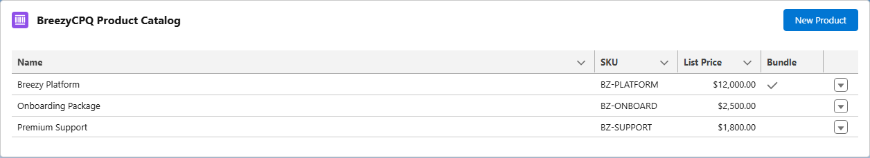 BreezyCPQ product catalog in Salesforce Lightning