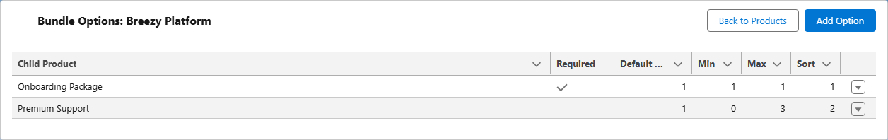 BreezyCPQ bundle configuration for a parent product