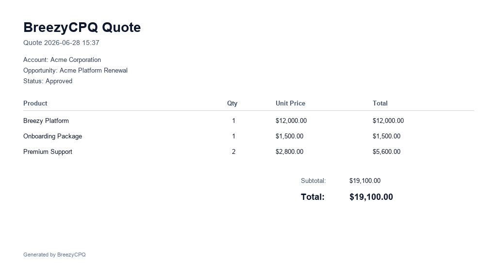 BreezyCPQ branded quote PDF