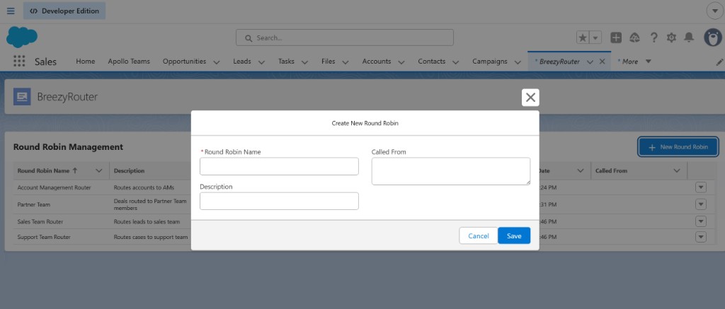 Create New Round Robin modal with name, Called From, and description fields