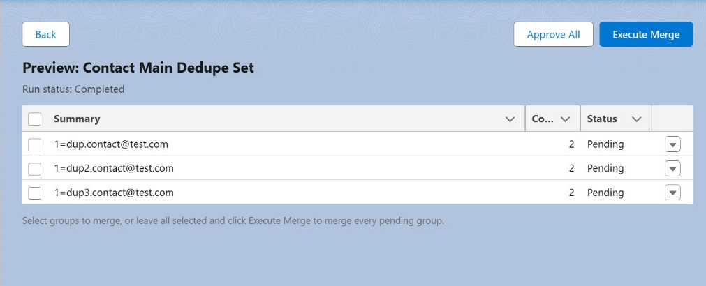 BreezyDeduper preview showing duplicate groups ready to approve and merge