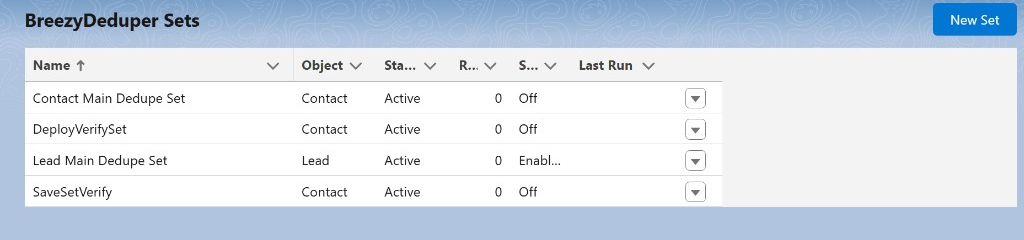 BreezyDeduper Sets management table in Salesforce Lightning
