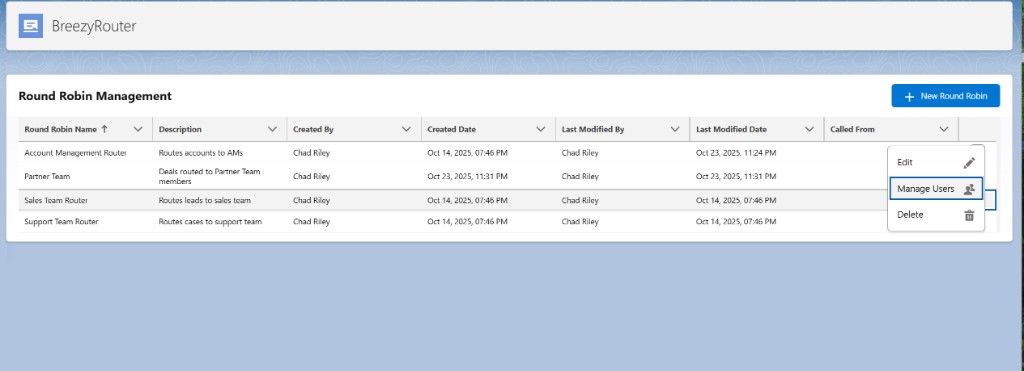 Row actions menu with Edit, Manage Users, and Delete