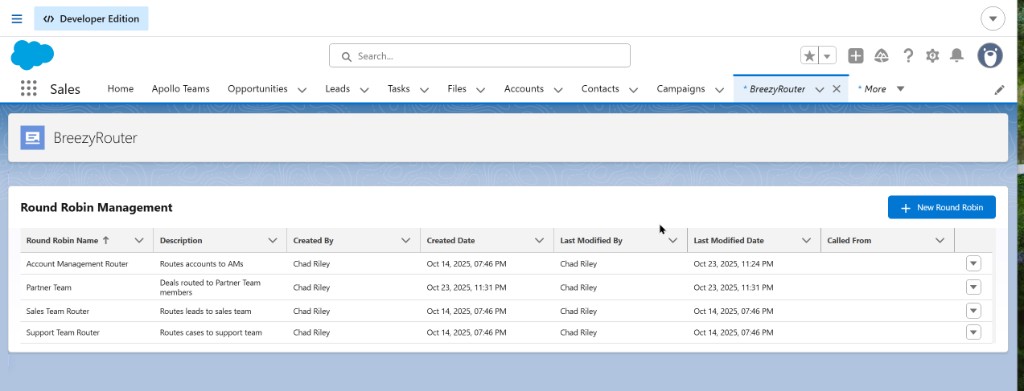 BreezyRouter Round Robin Management list showing multiple routers