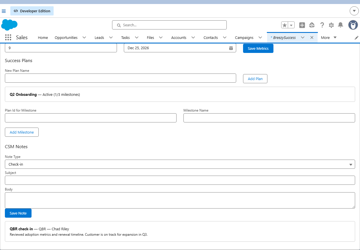 BreezySuccess Account Hub on an Account record
