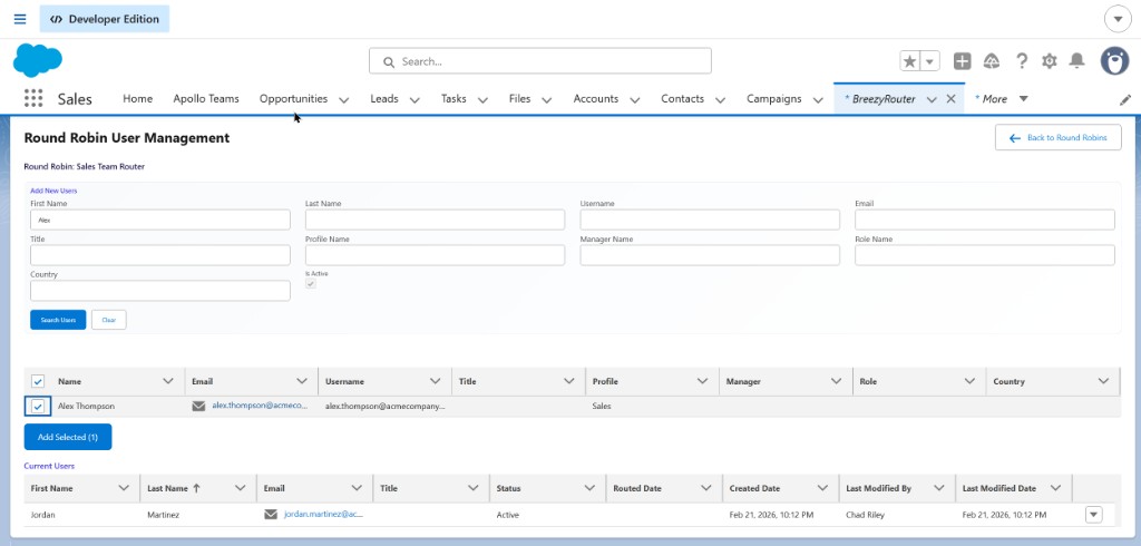 Round Robin User Management with search filters and current users table